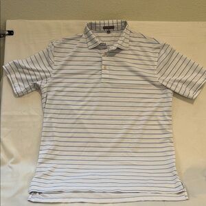 Peter Millar Summer Comfort Men's White Polo Shirt with Light Blue Stripes Sz L